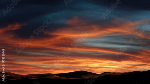 Breathtaking Sunset Over Dunes with Vibrant Colors and Expansive Sky in Tranquil Desert Landscape