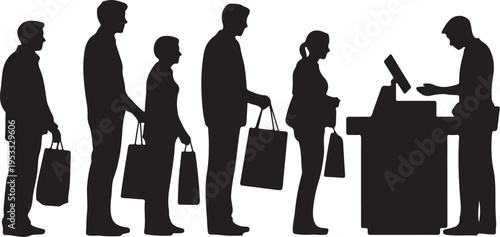 Black silhouettes of people in line at checkout counter