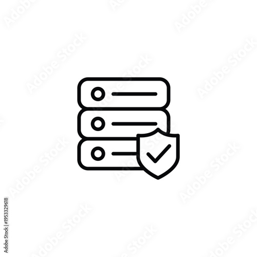 Secure Server Rack with Protection Shield and Verification Checkmark. Web icons in line style. Editable stroke
