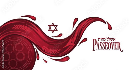 Passover elegant red wave with matzah Star of David Hebrew text vector