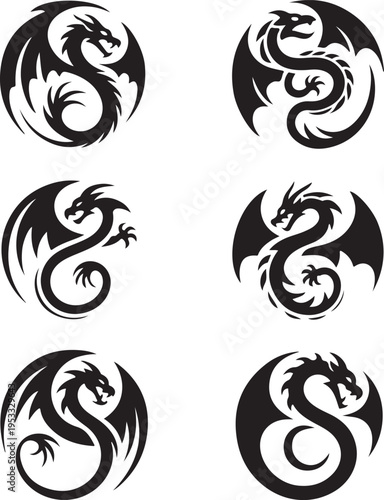 vector illustration, set of round tribal dragon tattoo designs, black and white graphics