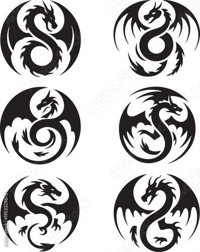 vector illustration, set of round tribal dragon tattoo designs, black and white graphics