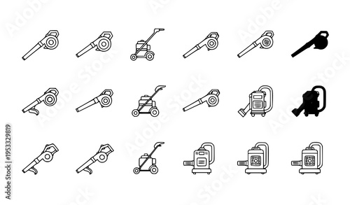 Leaf blower and blower vac icons collection thin line outline vector set