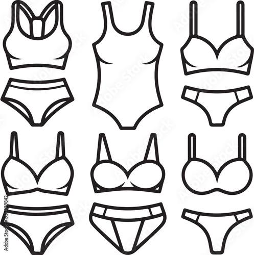 women underwear Collection of fashionable. Doodle outline hand drawn style. bra and panties