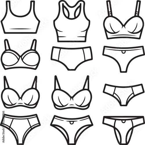women underwear Collection of fashionable. Doodle outline hand drawn style. bra and panties