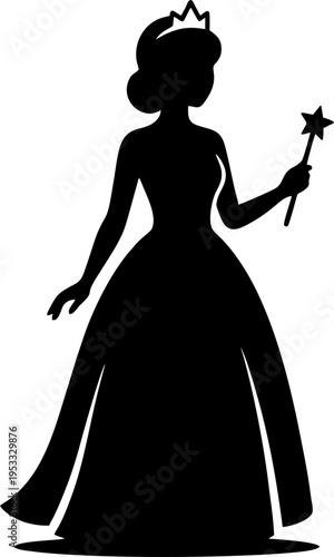 Minimalist Princess Silhouette Holding Magic Star Wand with Crown Isolated on White Background