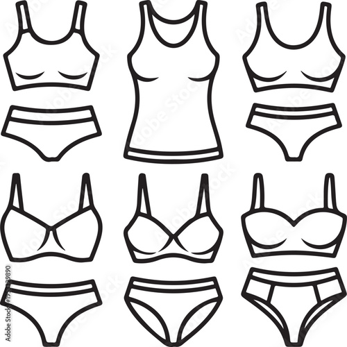 women underwear Collection of fashionable. Doodle outline hand drawn style. bra and panties