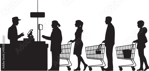 Black silhouettes of people in line with shopping carts at checkout