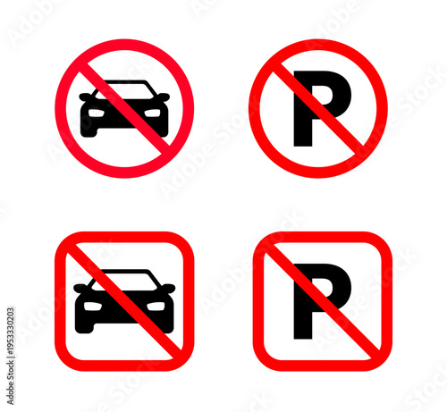 Free Download Set of no parking signs, car and P icons, in circular and square shapes, with transparent backgrounds, used for traffic regulation and information. - GFXLoad