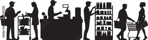 Black silhouettes of people shopping and working at a store