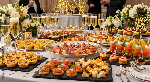 New year buffet with champagne glasses gourmet appetizers and elegant finger foods in luxury party environment