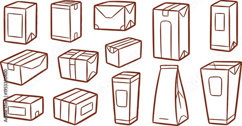 Cardboard packaging boxes and paper bags hand drawn vector set