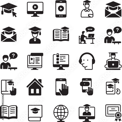 Vector set of online education flat icons. Contains icons remote learning, video lesson, online course, homework, online test, webinar, audio course and more. Pixel perfect