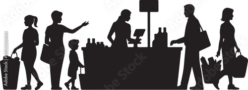 Black silhouettes of people shopping at a store counter