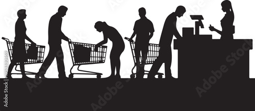 Black silhouettes of people shopping with carts and checkout