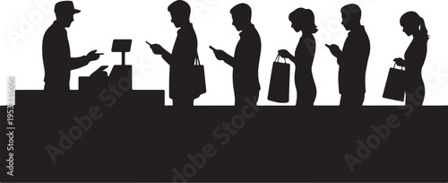 Black silhouettes of people standing in line using phones