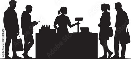 Black silhouettes of people standing at a counter cash register