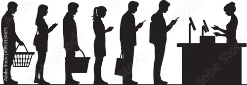 Black silhouettes of people standing in line using phones