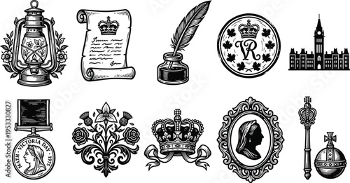 Linocut Victoria heritage icon pack with engraved hand-carved style, featuring lantern, scroll, quill, royal seal, historic building, medal, crown, frame, scepter.