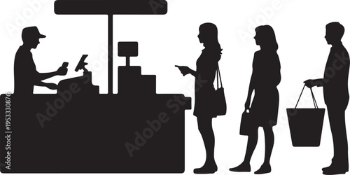 Black silhouettes of people waiting in line at a counter