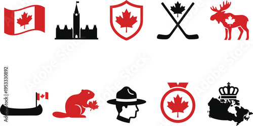 Canada national symbols icon pack with maple shield, flag, parliament, hockey stick, moose, beaver, canoe, mountie hat, crown.