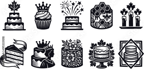 Victoria Day celebration cake icon pack with maple leaf topper, cupcake crown, fireworks cake, candles, ribbon slice, floral dessert.