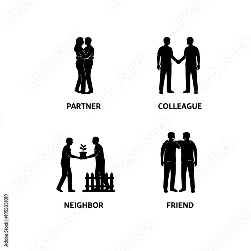 social relationships vector illustration with partner, colleague, neighbor, and friend flat design