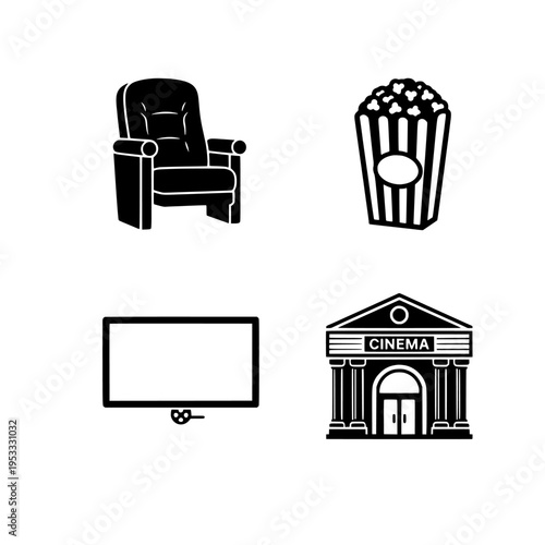 movie theater cinema set with popcorn chair and screen vector illustration