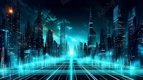 Digital technology building light beams city background