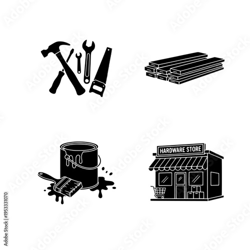 black and white vector illustration of hardware tools and store