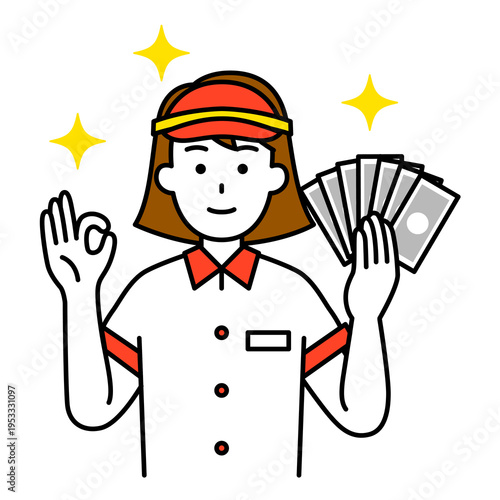 お札を持ってOKサインをするファストフード店の女性店員