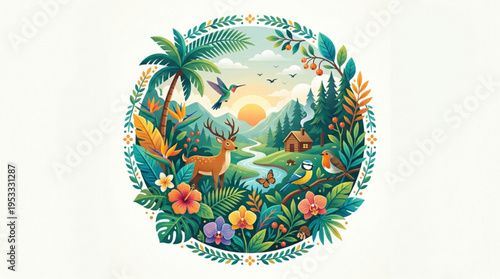 Vibrant tropical forest scene with deer colorful flowers and birds at sunset surrounded by lush greenery and exotic palm trees in a circular frame