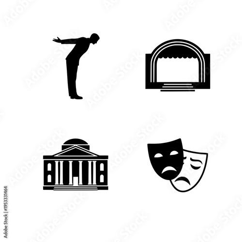 theater icons set with silhouette of performer, stage, opera house and comedy tragedy masks vector illustration
