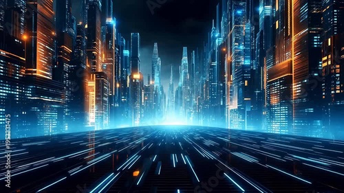 Digital technology building light beams city background