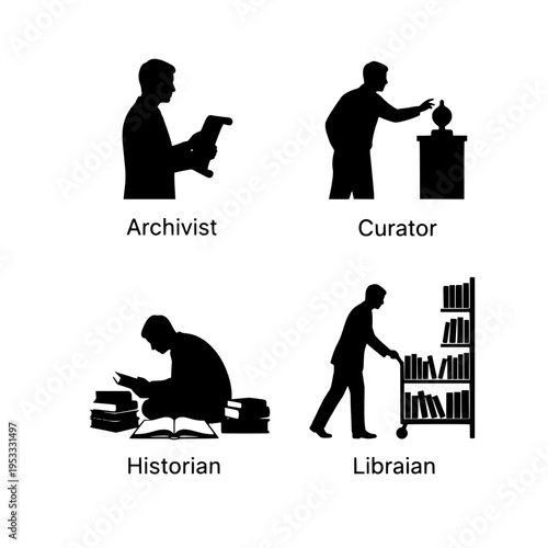 Silhouettes of archivist, curator, historian, and librarian in a library setting vector illustration