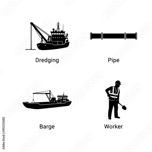 industrial maritime vector illustration with dredging barge pipe worker flat design