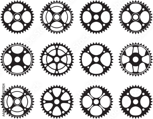 Vector set of ten bike chainring silhouettes (chainwheels, sprockets) isolated on a white background.
