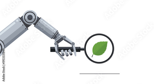 A grey robotic arm precisely holds a black magnifying glass over a single vibrant green leaf, symbolizing scientific examination.