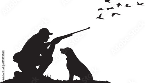 Hunter and dog in black silhouette aiming at flying birds