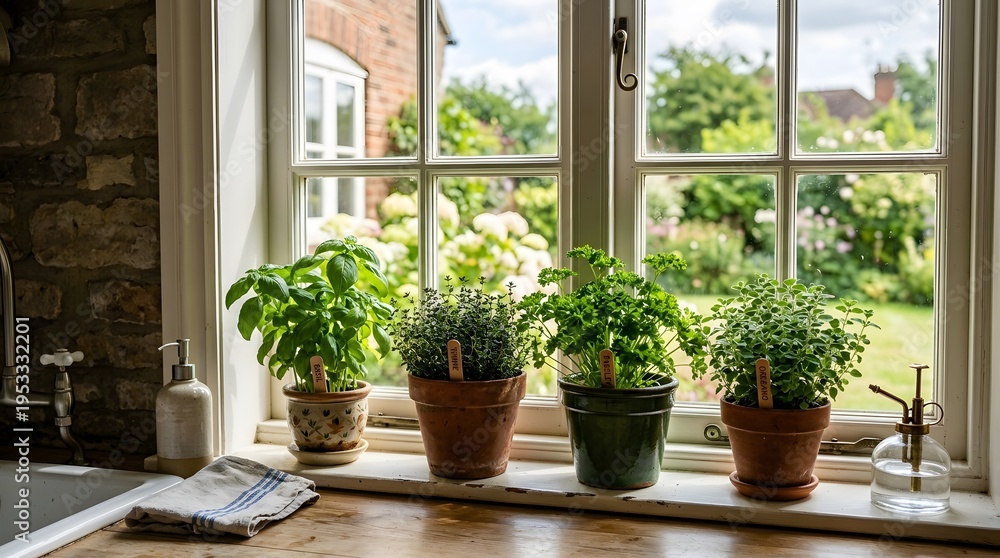 Fototapeta premium Fresh herbs growing in pots on kitchen window
