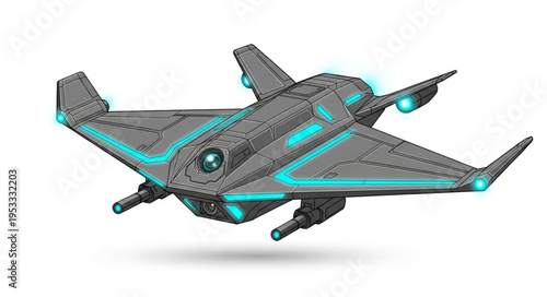 Futuristic aircraft design with glowing blue accents and advanced technology.