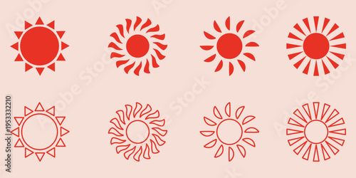 Sun icon vector set. Flat design. Collection of sun stars.  Collection of sun stars for use in as logo or weather icon.  Vector illustration.
