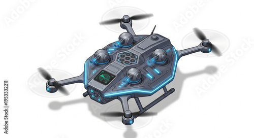 Futuristic drone with glowing lights and advanced technology for aerial surveillance.