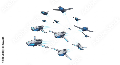 A collection of futuristic aircraft soaring through the sky, a squadron of advanced aerial vehicles.