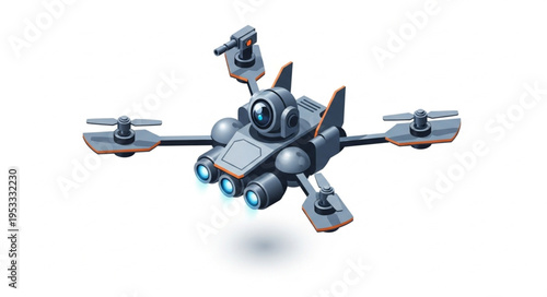 Futuristic drone with advanced technology and integrated camera system.