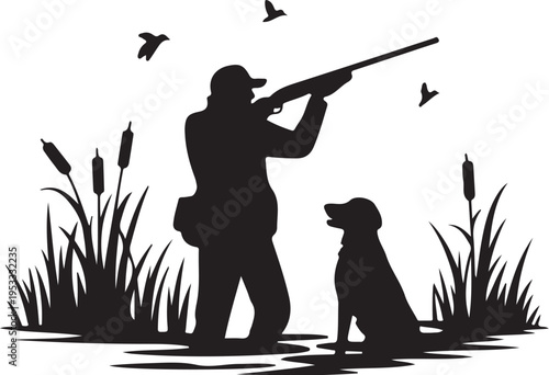 Hunter and dog in wetland aiming shotgun at flying birds