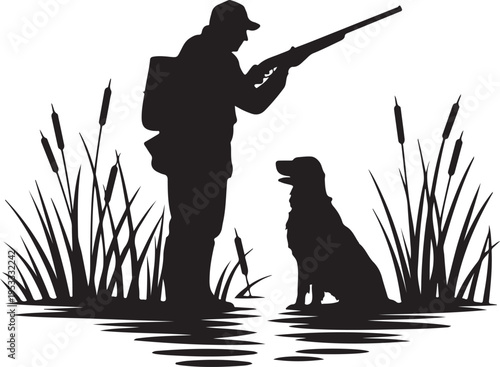 Hunter and dog in water with cattails and shotgun