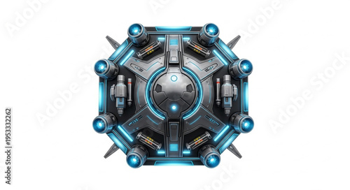 Intricate metallic device with glowing blue accents and complex mechanical design.