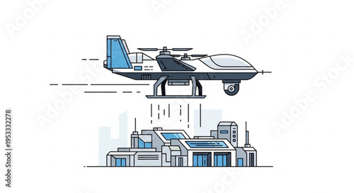 Drone delivering package to a modern building, futuristic transport concept.
