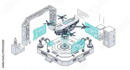 Futuristic drone technology showcased on a platform with robotic arms and holographic displays.